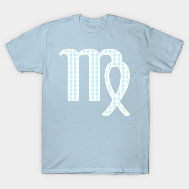 Virgo Zodiac Horoscope Symbol in Pastel Blue and White Gingham Pattern T-Shirt by bumblefuzzies